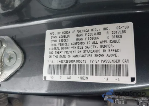 2009 Honda Accord 2.4 Lx z USA, uszkodzony, nr VIN 1HGCP26369A105043